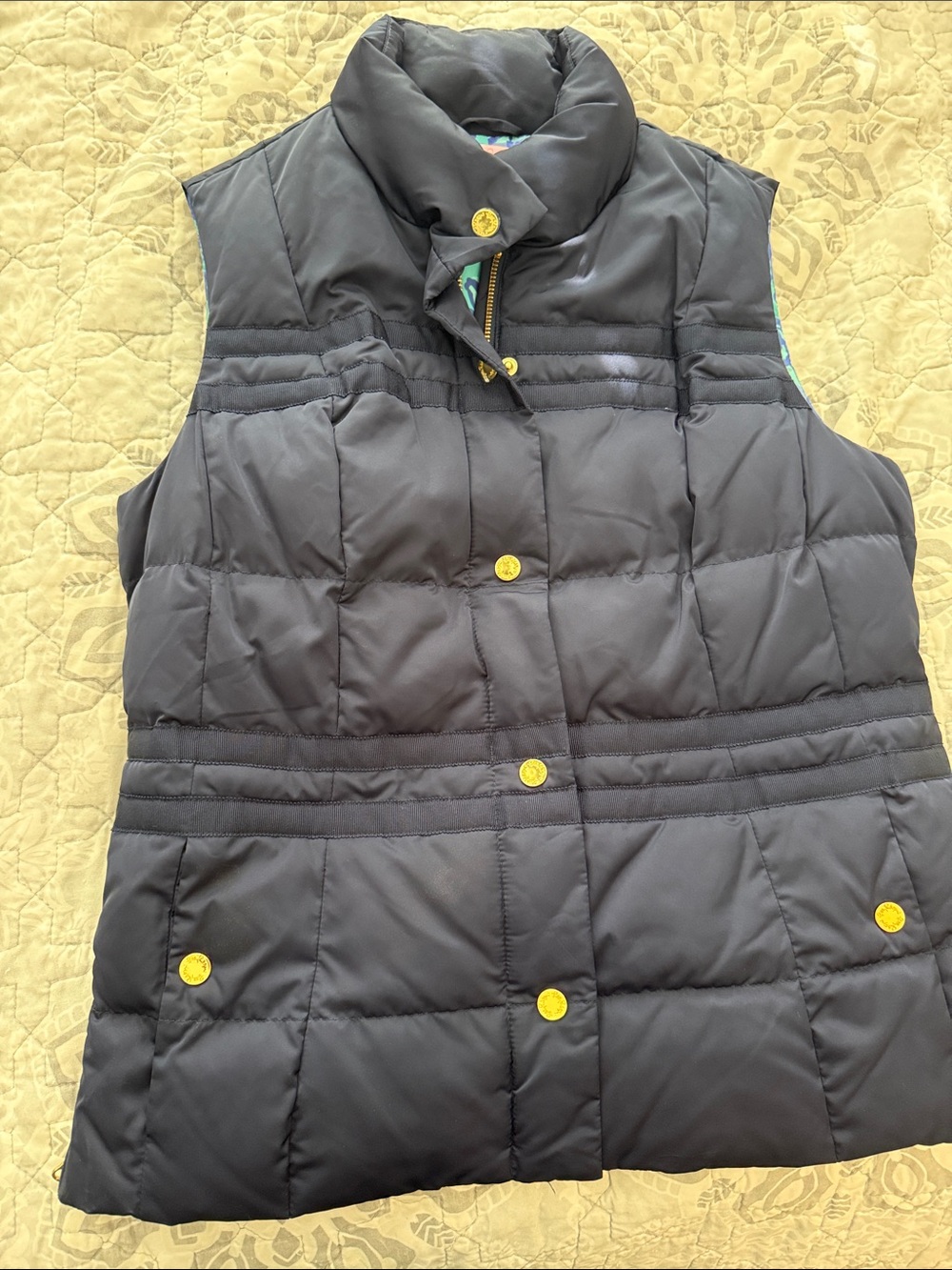Lilly Pulitzer Navy Blue Quilted Puffer Vest with Gold Buttons